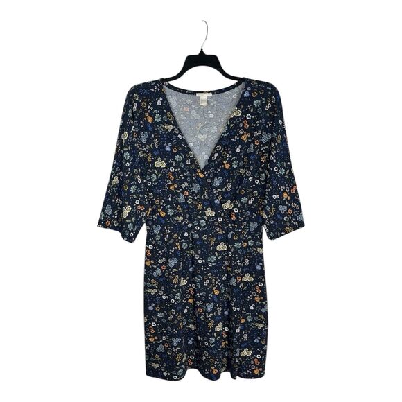 H&M Women Size Large Blue Floral Print Jersey Wrap Dress 3/4 Sleeve Stretchy - Picture 1 of 9